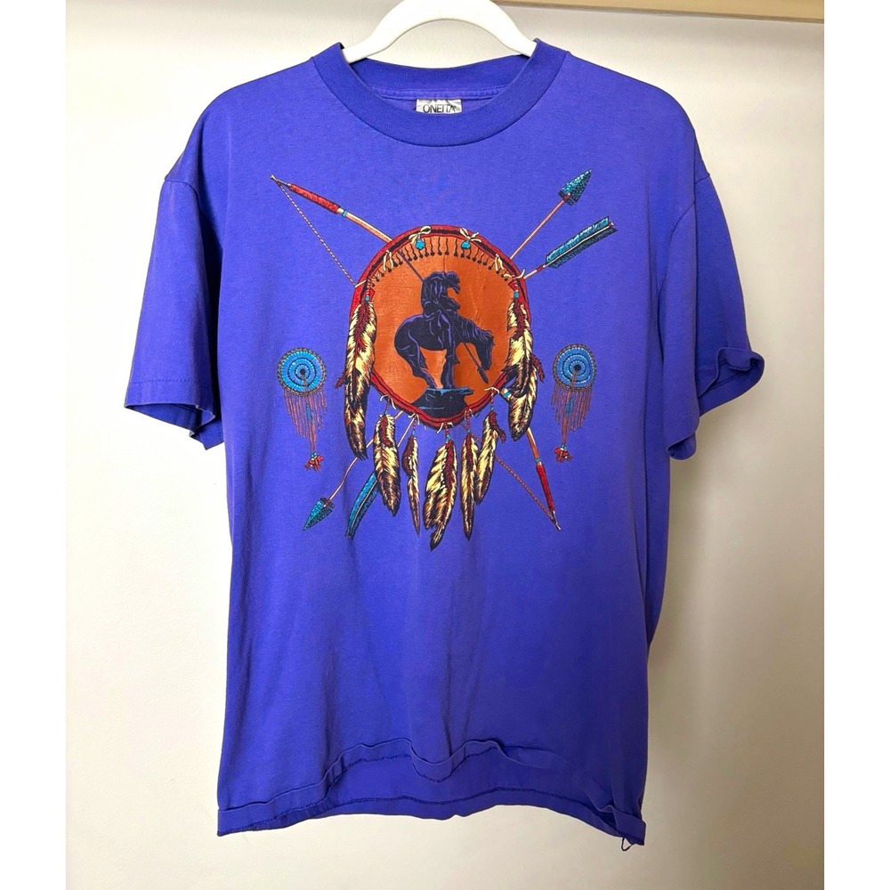 Vintage Oneita Power 50 Plus Purple Native American Horse Graphic Tee Mens L